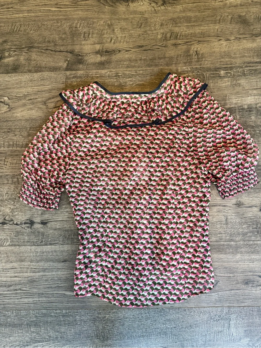 Odille Pink Geometric Ruffle-Trim Blouse - Picture 6 of 9
